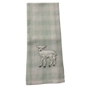 Linen-like gauzy Spring Kitchen hand towel. Green & white plaid w/lamb